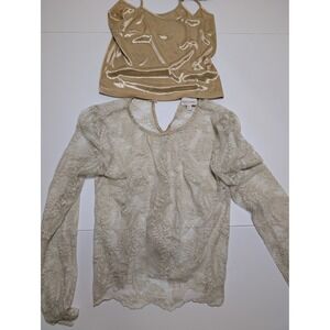 Shyanne Women Gold Lace Long Sleeve Top with Satin Camisole Liner Set Small